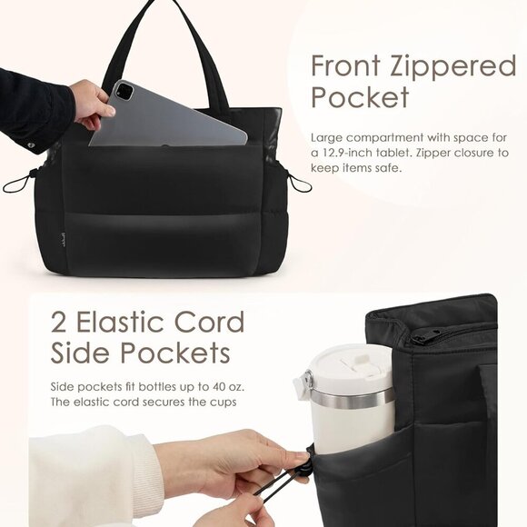 Women`s Puffy Tote Bag Lightweight Quilted Zipper Travel Work Purse - Picture 4 of 6